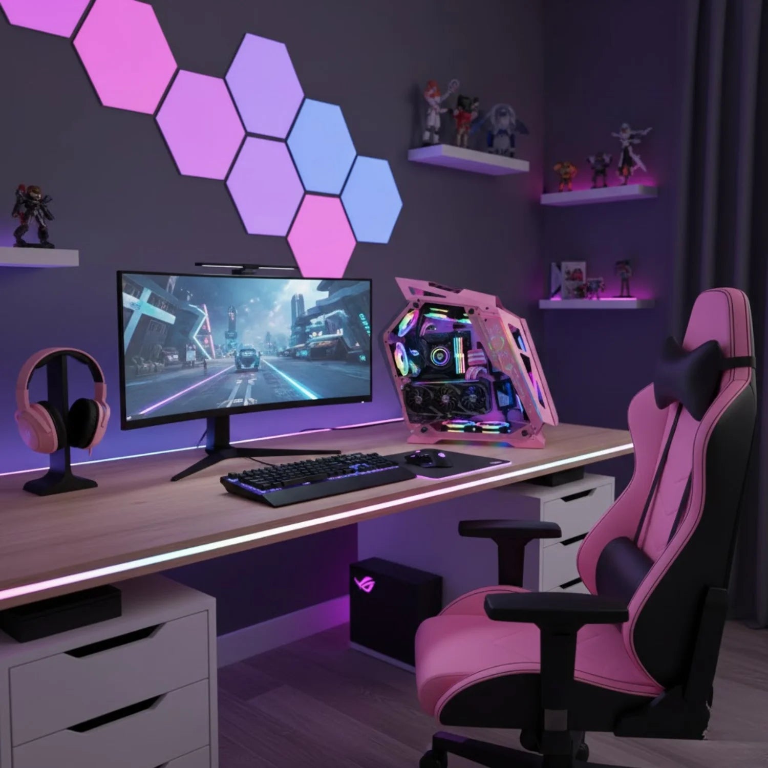 Pink Gamer Cabinet with 3 Panels Tempered Glass Aquarium Style for PC Gamer M-ATX and Mini-ATX with USB Front 3.0