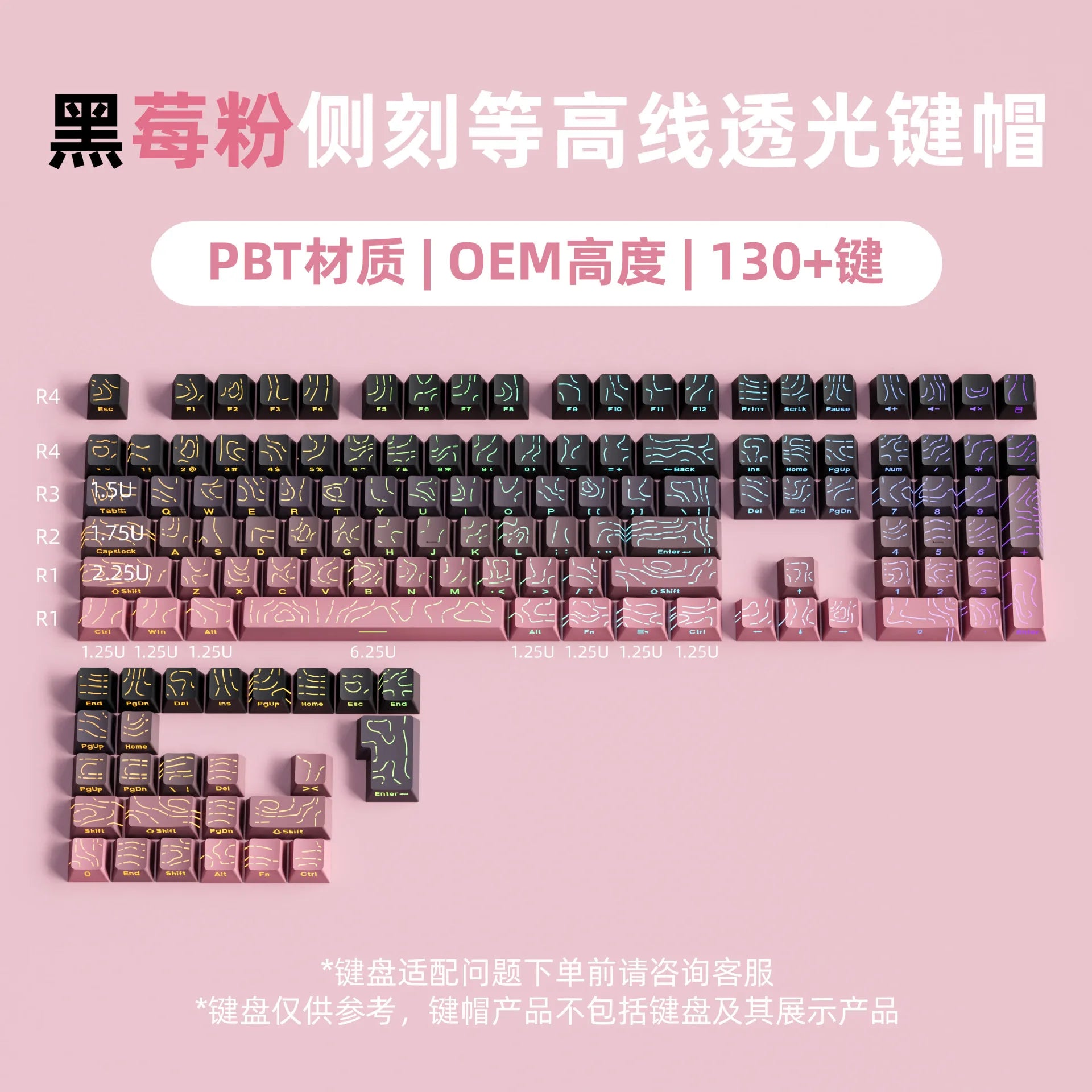 2025 Super Contour PBT Keycaps Side Glow Light Mechanical Keyboard Original Factory Height for 61/68/75/84/87 Keys Game Keyboard