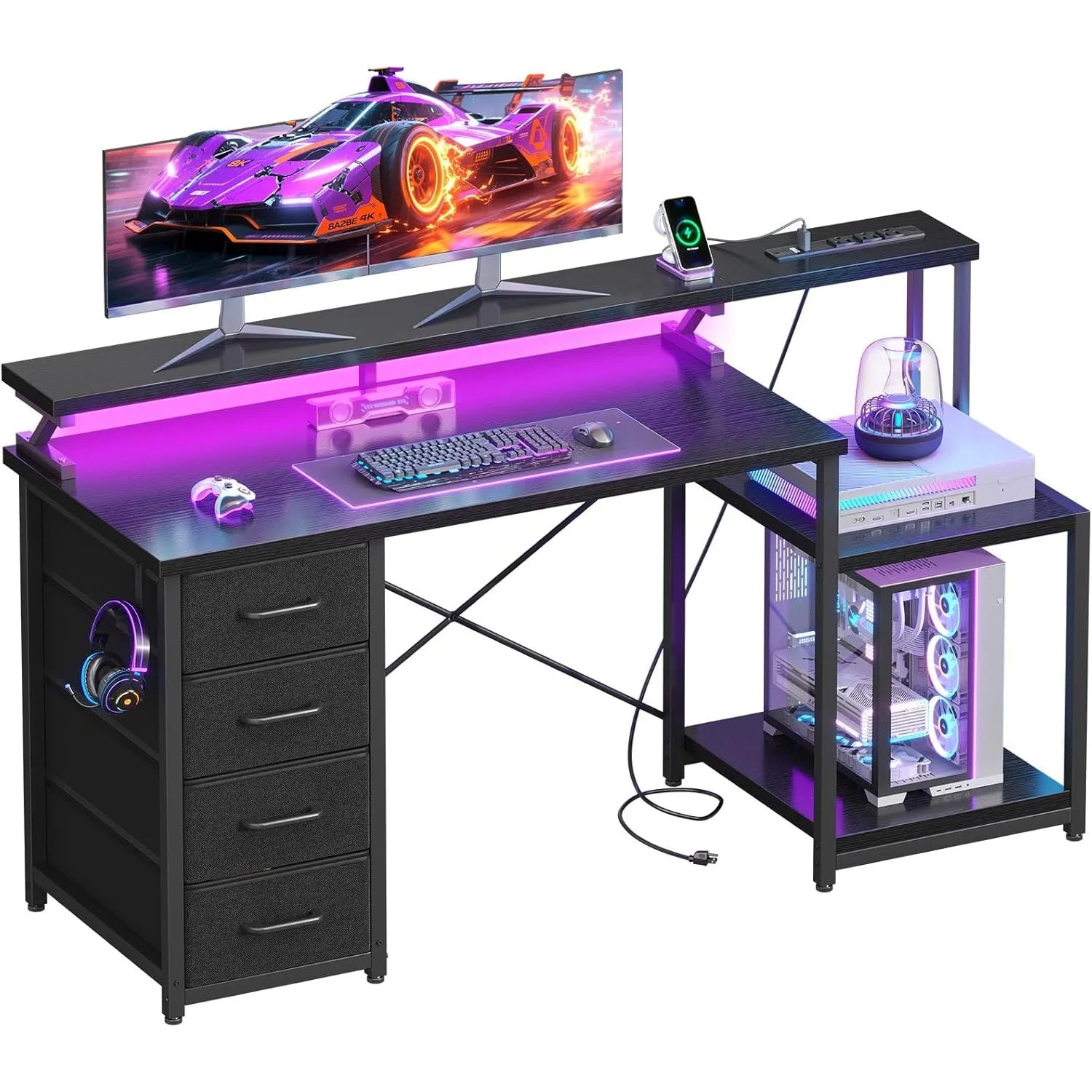 55 Inch Computer Gaming Desk with Power Outlets & 4 Drawers, Home Office Desk with Monitor Stand & Printer Shelves,  Customized