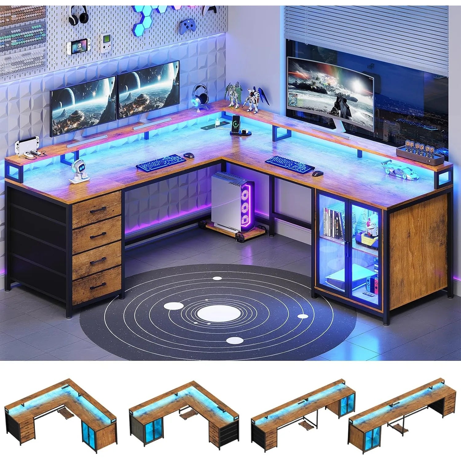 L Shaped Gaming Desk with 4 Drawers, Computer Desk with Display Cabinet, Home Office Desks with 2 Monitor Stands, Customized