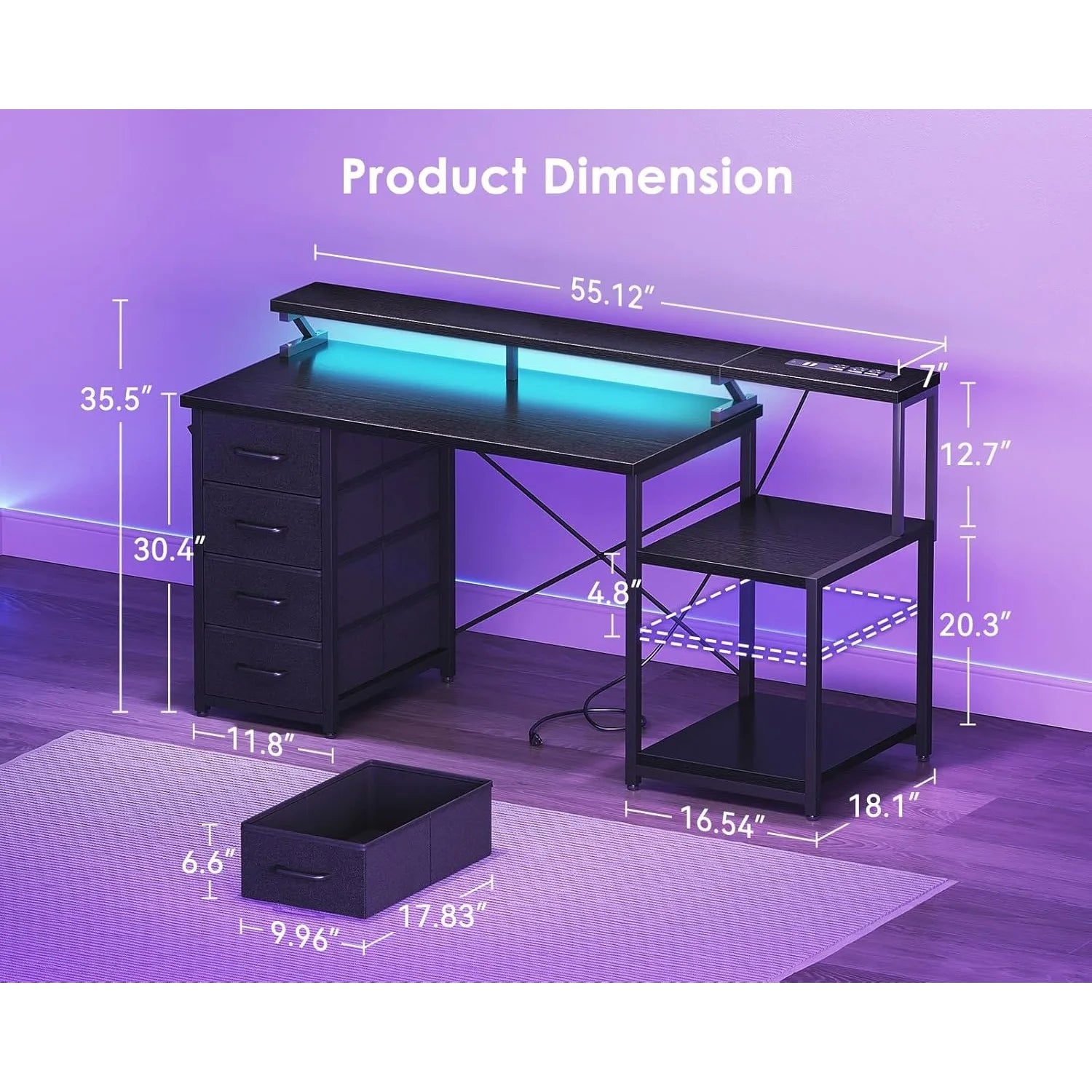 55 Inch Computer Gaming Desk with Power Outlets & 4 Drawers, Home Office Desk with Monitor Stand & Printer Shelves,  Customized