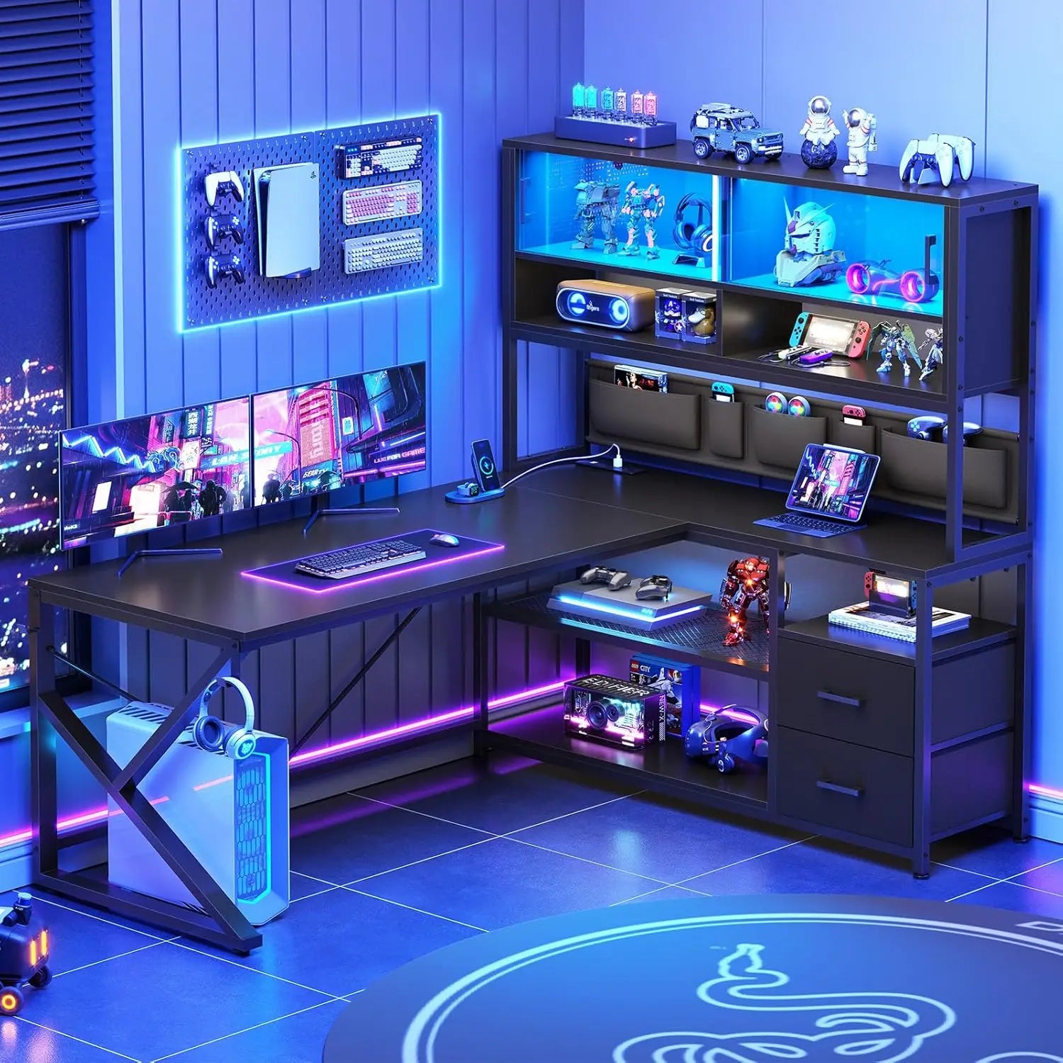 L Shaped Gaming Desk, Home Office Computer Desk with 2 Drawer and Bookshelf, L Shaped Gaming Desk with LED Light,, Customized