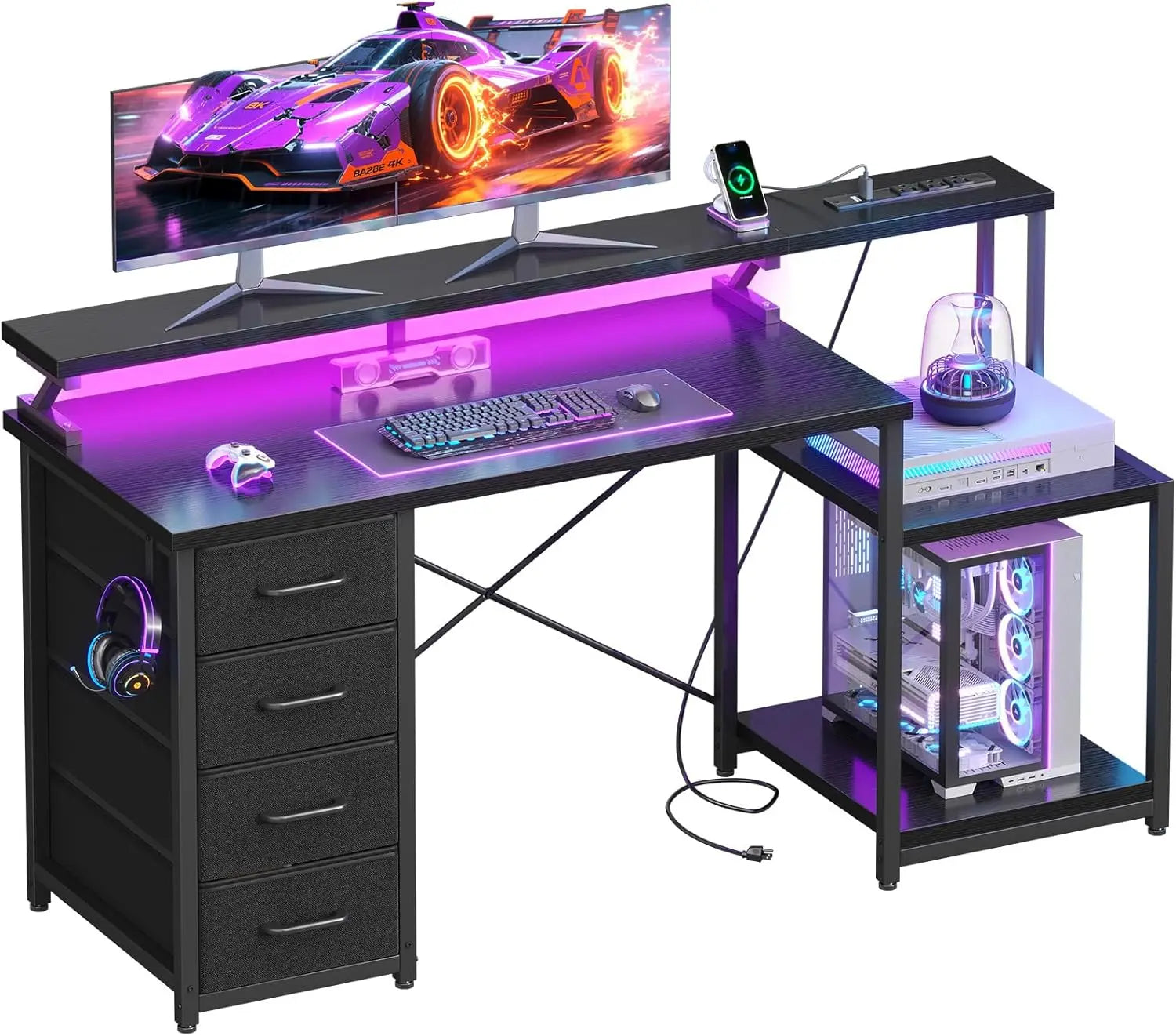 55 Inch Computer Gaming Desk with Power Outlets & 4 Drawers, Home Office Desk with Monitor Stand & Printer Shelves,  Customized