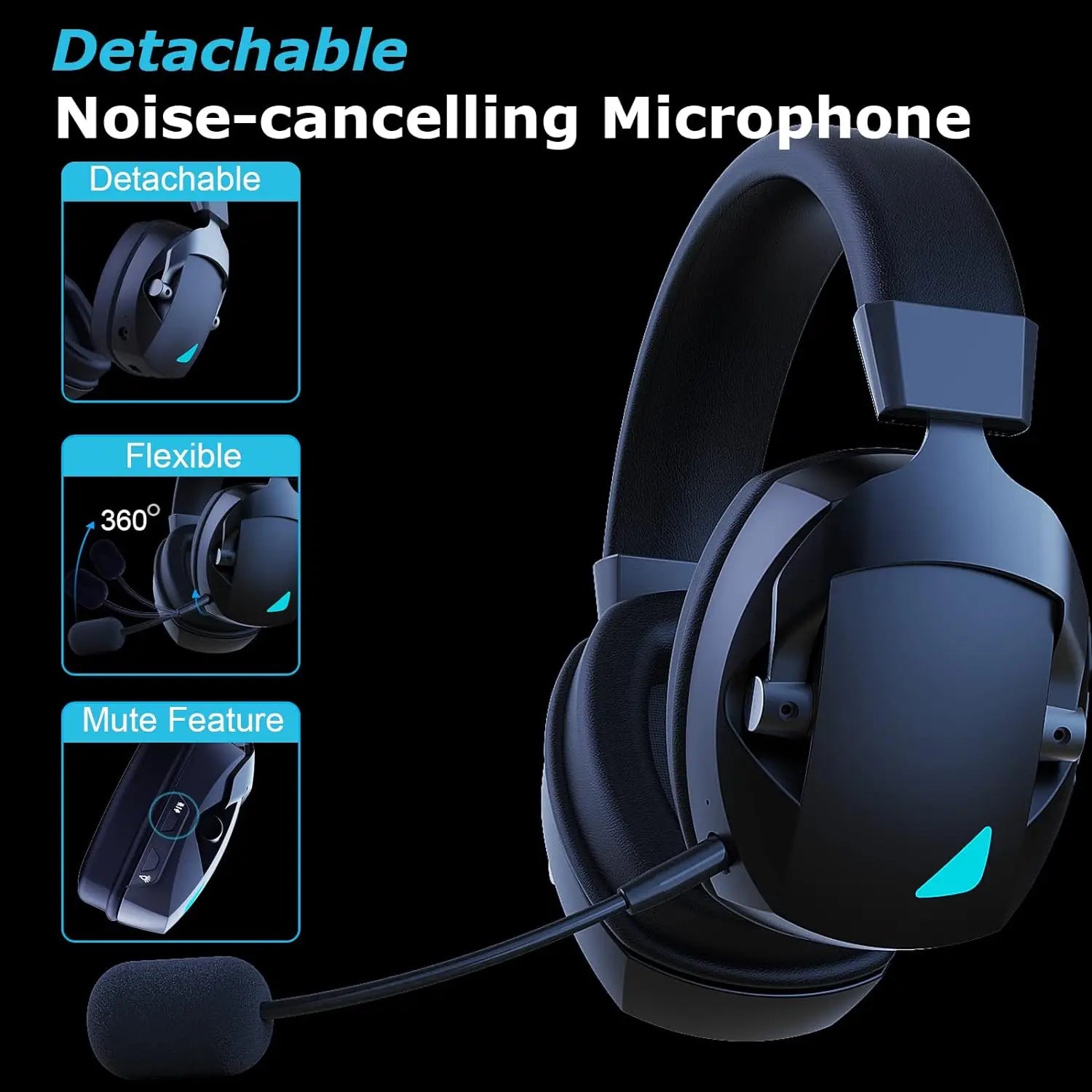 Gaming Headset with Detachable Noise Cancelling Microphone,2.4G Bluetooth-USB-3.5mm Wired Jack 3 Modes for Multi-device