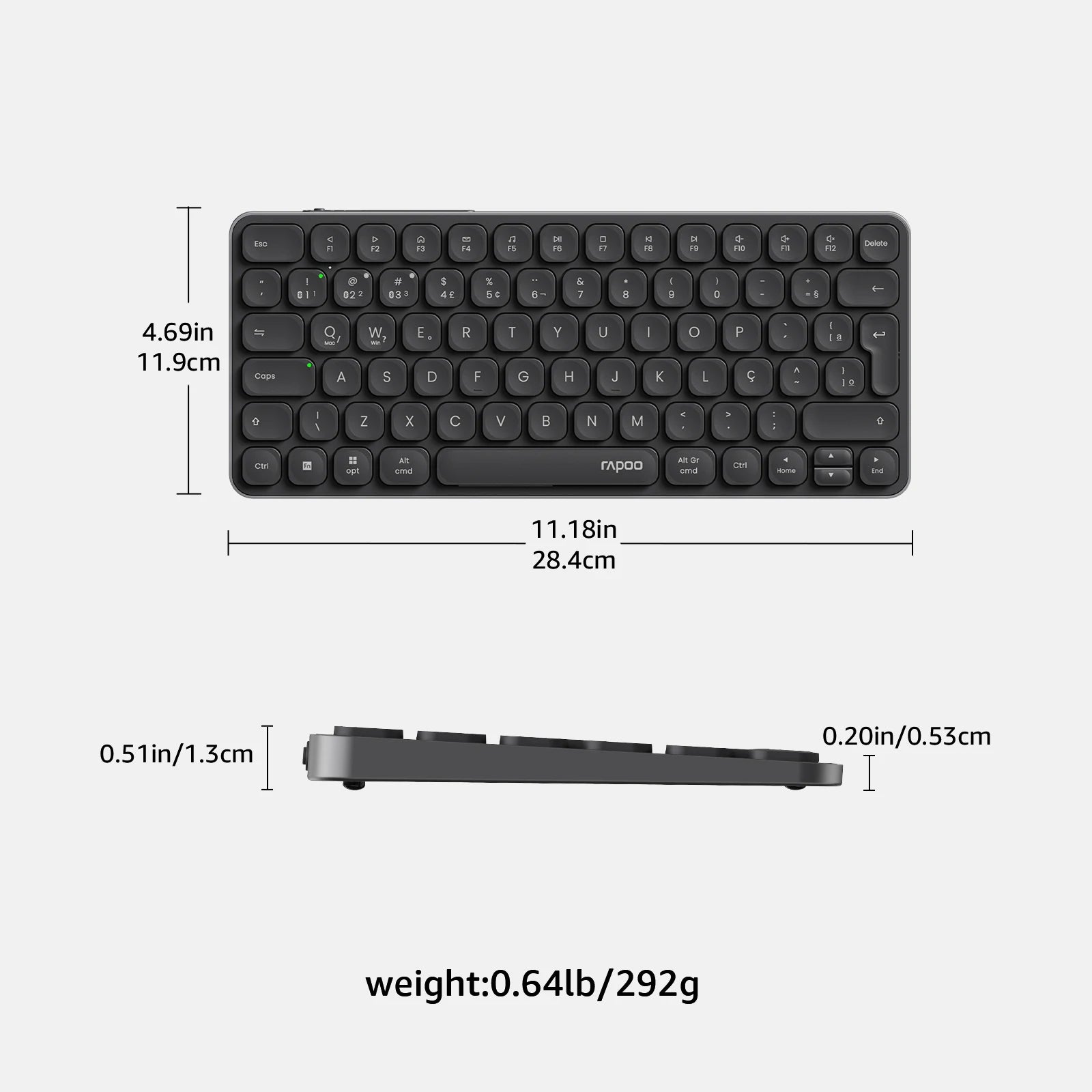 Rapoo E9050L/9010M ABNT2 Portuguese Brazil Multi-Device Bluetooth Wireless Keyboard Black Color with Multimedia Key