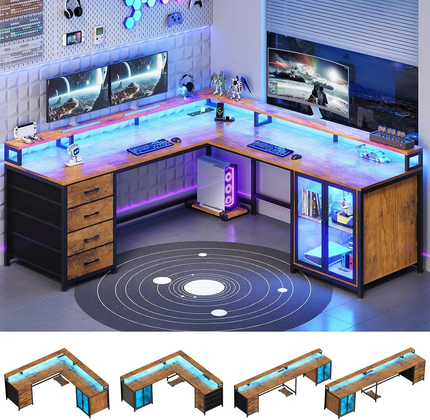 L Shaped Gaming Desk with 4 Drawers, Computer Desk with Display Cabinet, Home Office Desks with 2 Monitor Stands, Customized