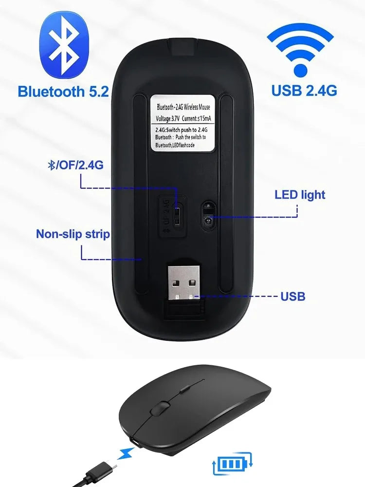 Wireless Bluetooth Mouse 2.4GHz Dual Modes RGB Rechargable Quiet Slim Wireless Mice Compatible For PC iPad Laptop PC Computer