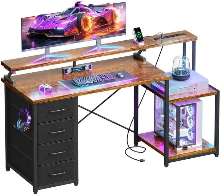 55 Inch Computer Gaming Desk with Power Outlets & 4 Drawers, Home Office Desk with Monitor Stand & Printer Shelves,  Customized