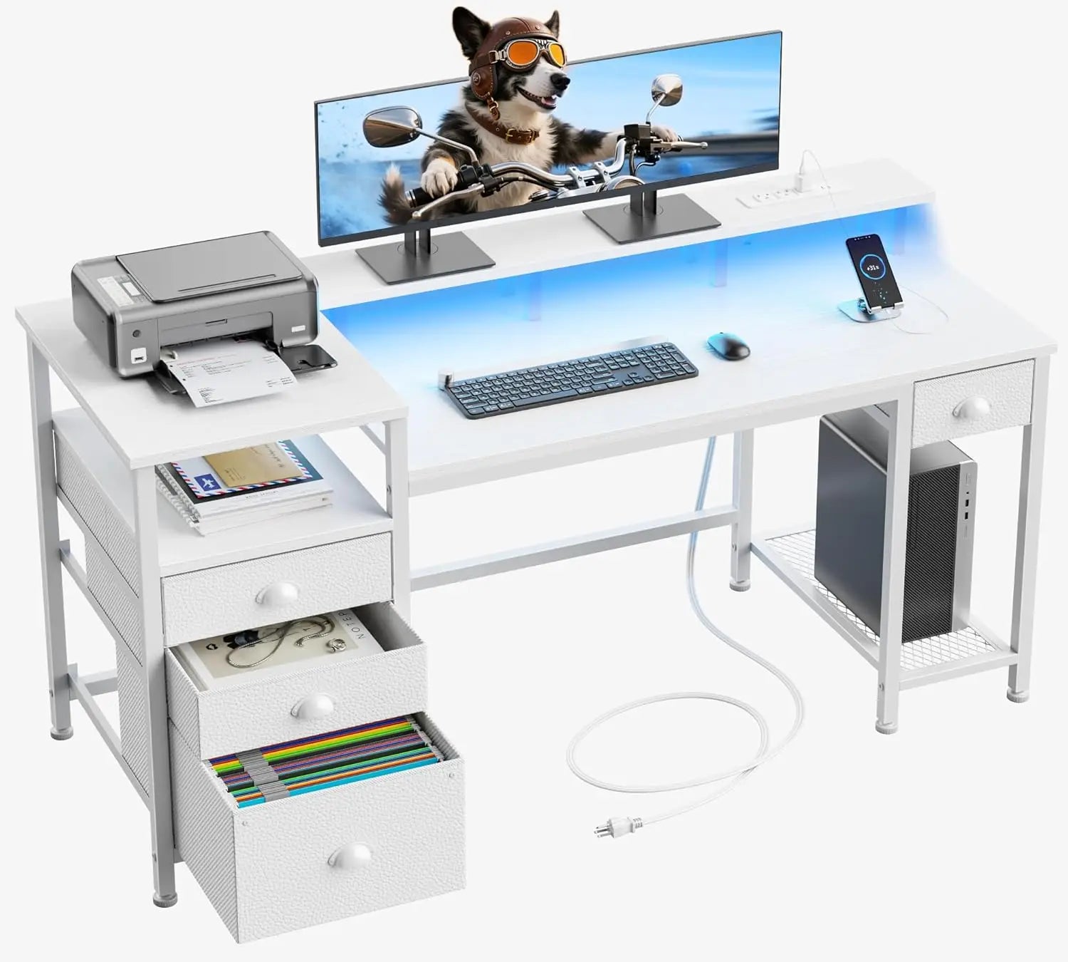 60" Computer Desk with File Cabinet and Storage Shelves, Reversible Home Office Desk with LED Lights, Full Monitor, Customized