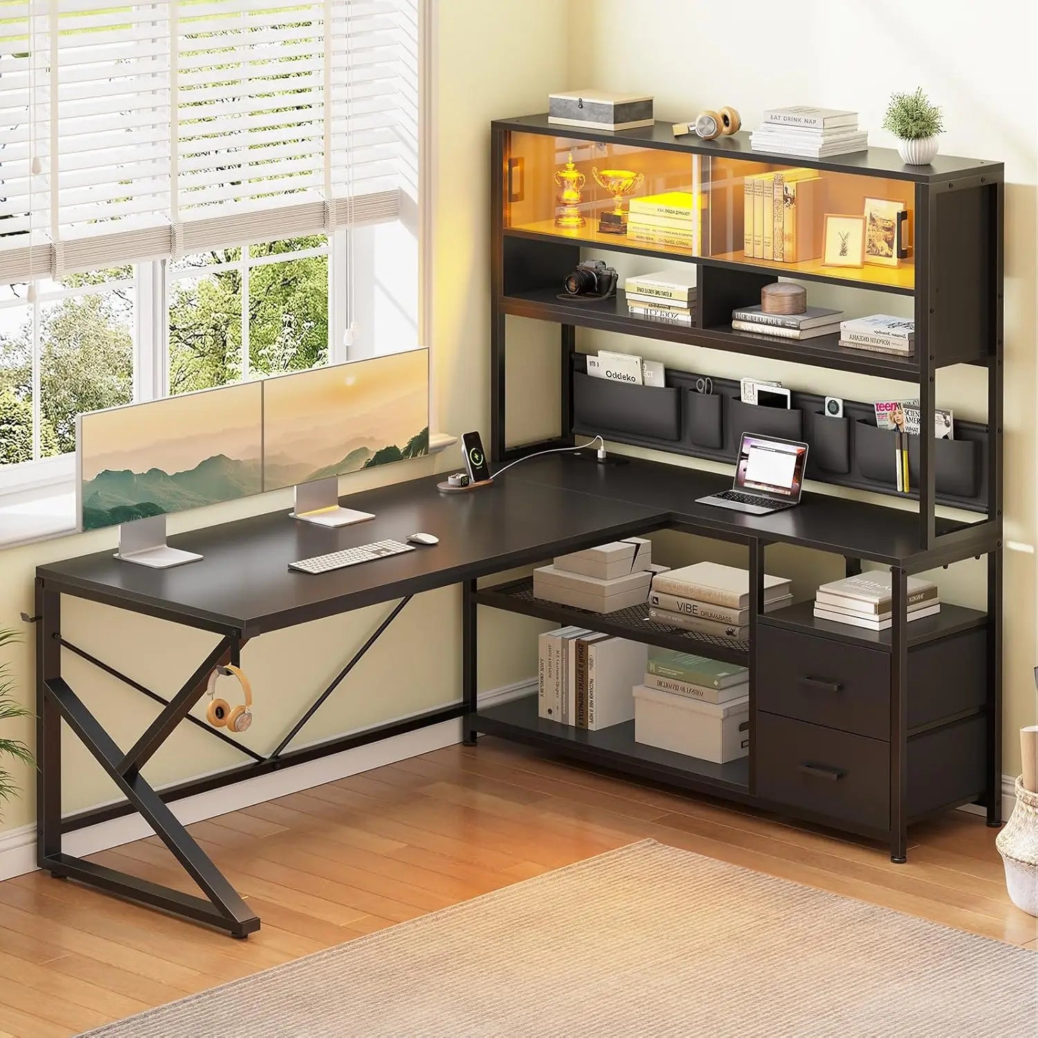 L Shaped Gaming Desk, Home Office Computer Desk with 2 Drawer and Bookshelf, L Shaped Gaming Desk with LED Light,, Customized