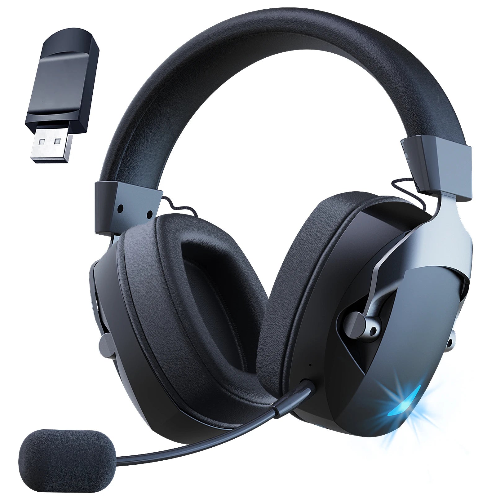 Gaming Headset with Detachable Noise Cancelling Microphone,2.4G Bluetooth-USB-3.5mm Wired Jack 3 Modes for Multi-device