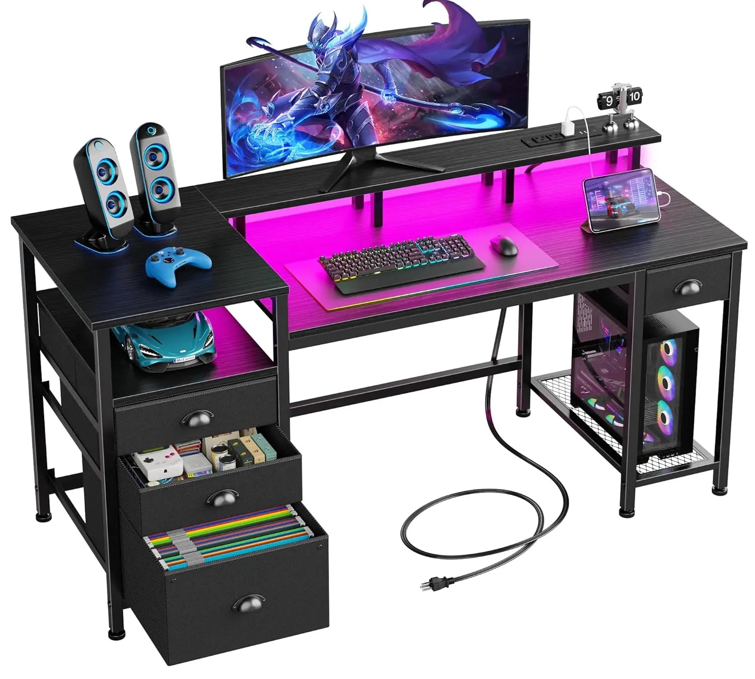 60" Computer Desk with File Cabinet and Storage Shelves, Reversible Home Office Desk with LED Lights, Full Monitor, Customized