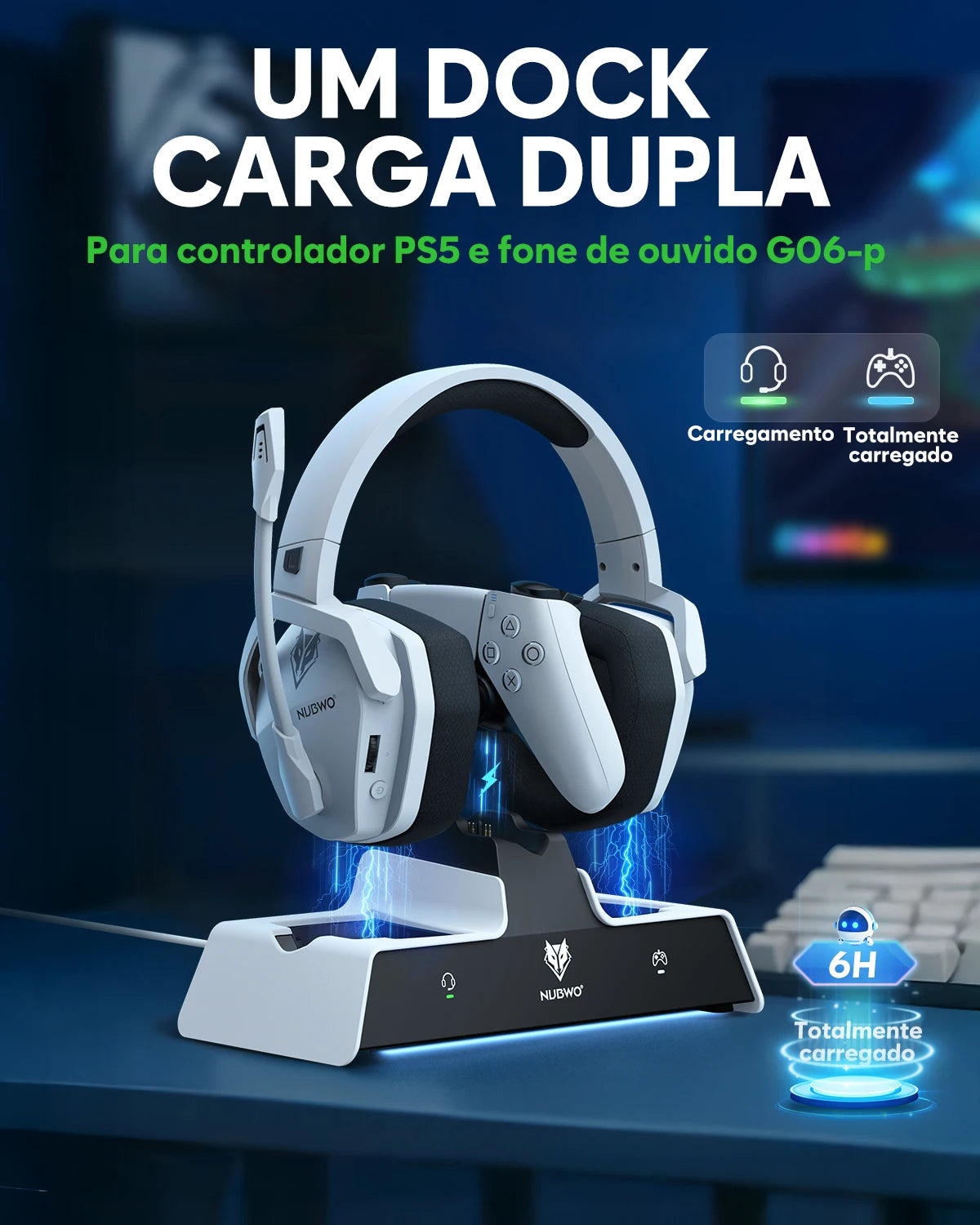 NUBWO G06 Wireless Headsets Gamer with Charging Station for Headset and PS5 Controller Gaming Headphones Long Battery Life