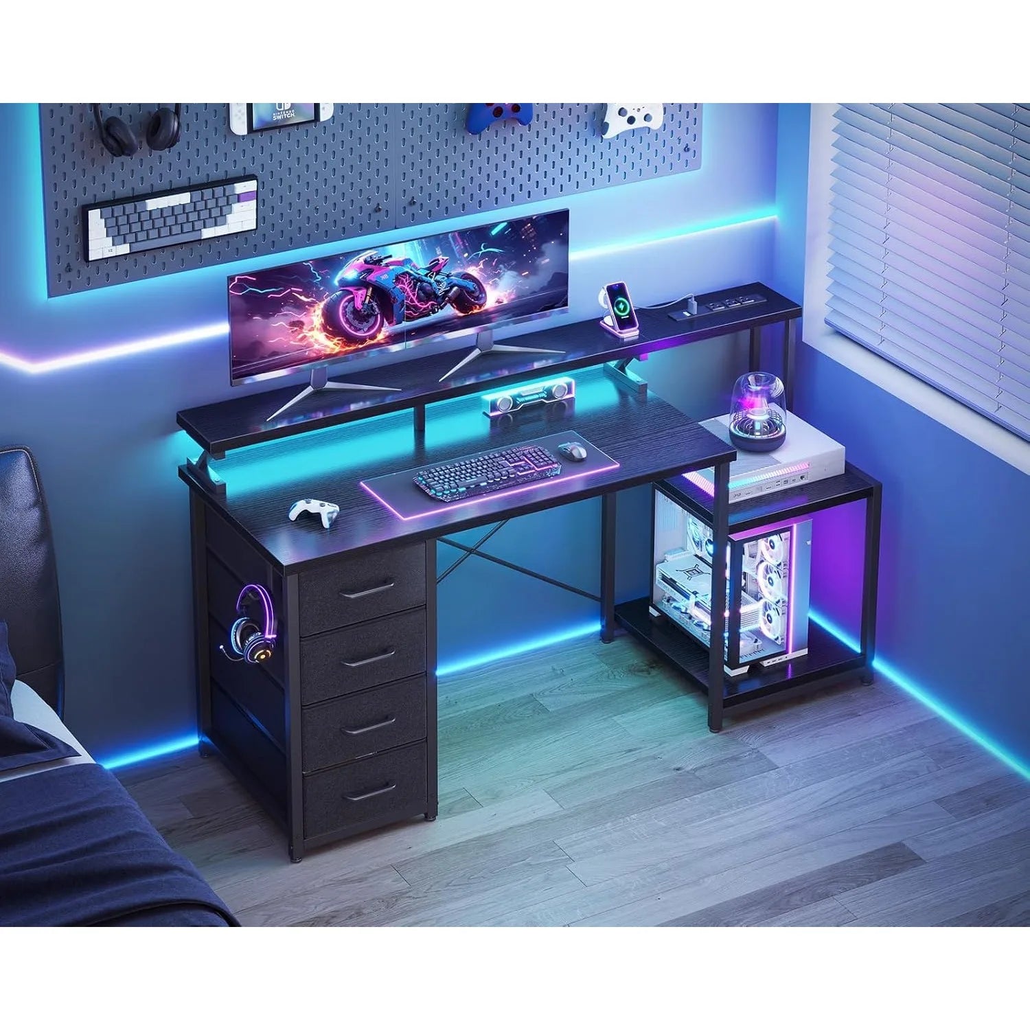 55 Inch Computer Gaming Desk with Power Outlets & 4 Drawers, Home Office Desk with Monitor Stand & Printer Shelves,  Customized