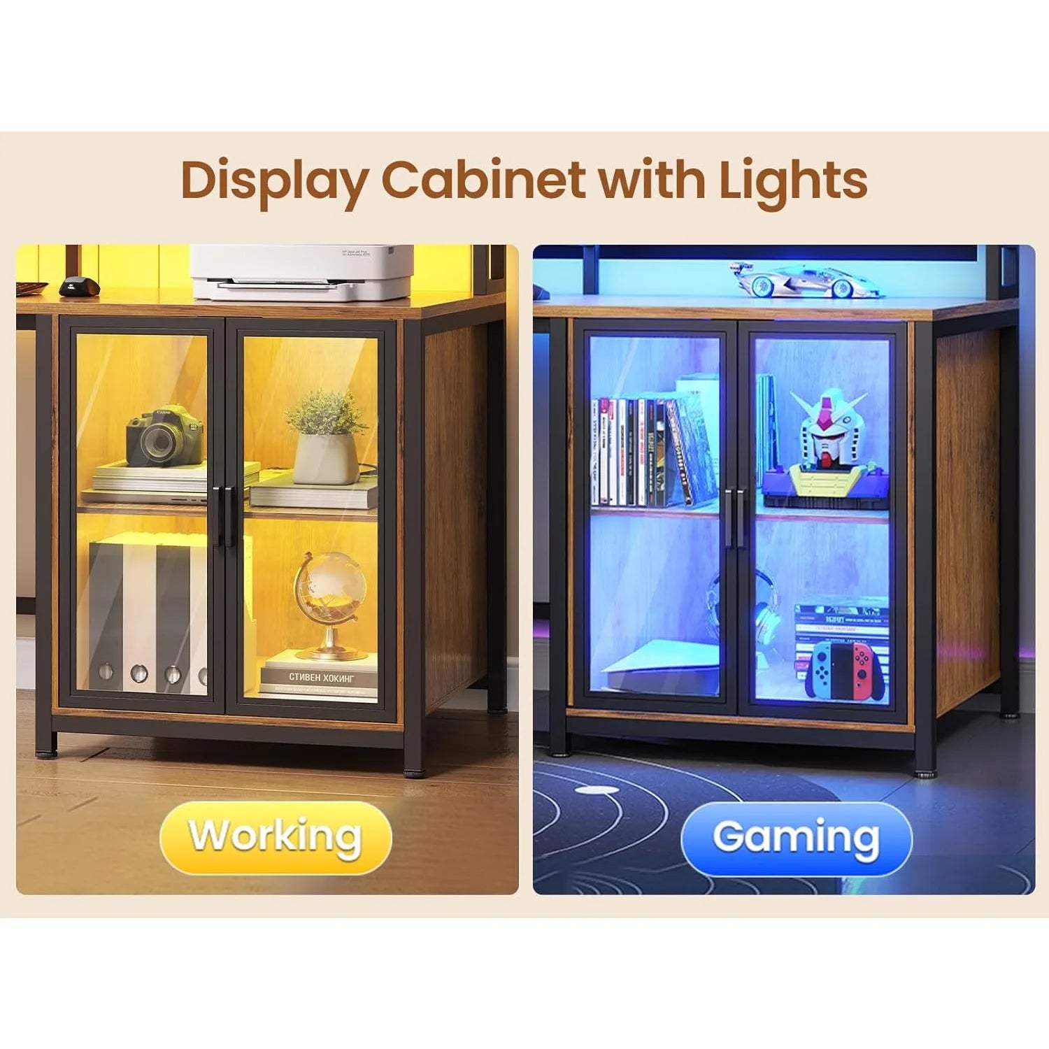 L Shaped Gaming Desk with 4 Drawers, Computer Desk with Display Cabinet, Home Office Desks with 2 Monitor Stands, Customized