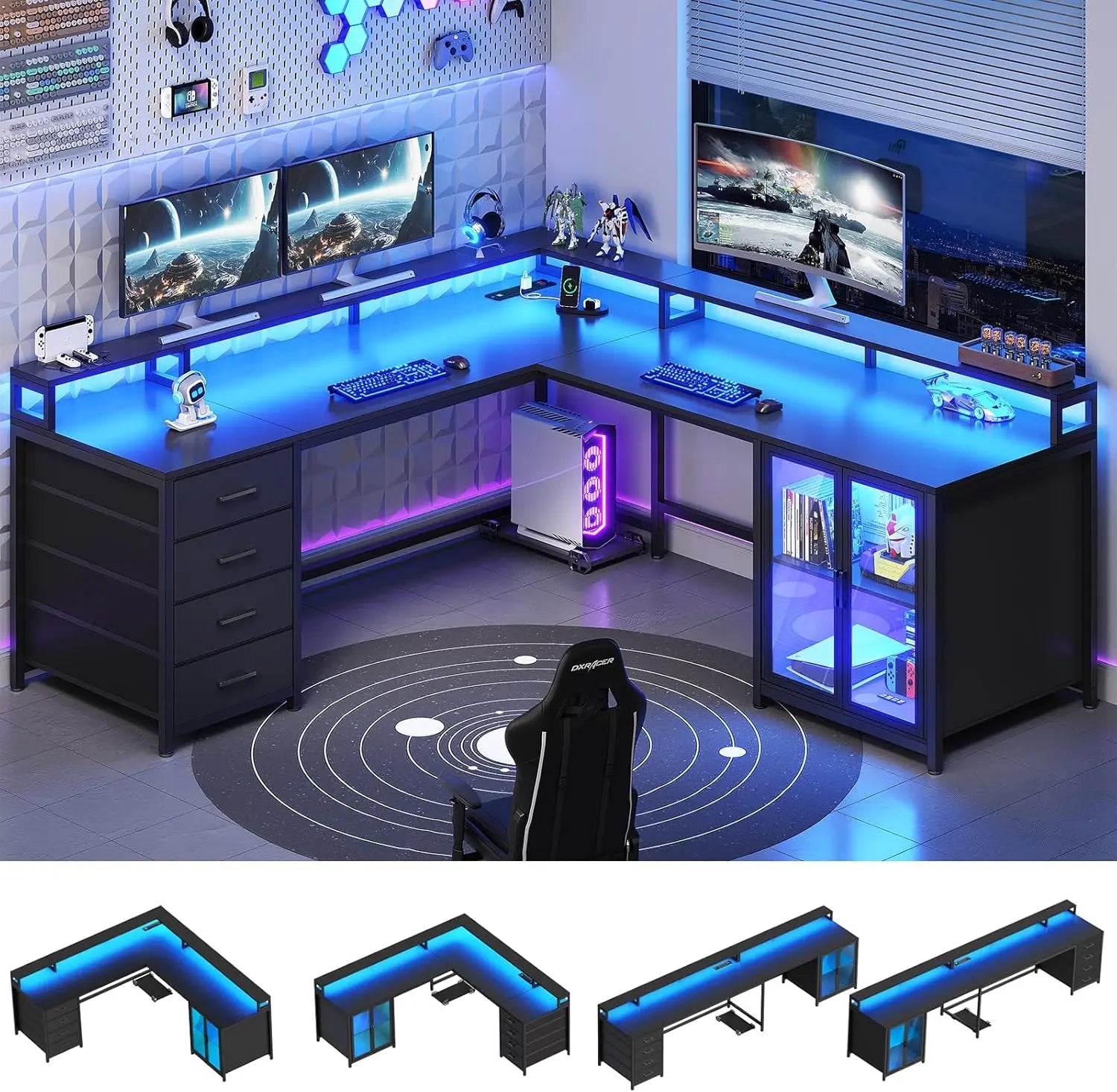 L Shaped Gaming Desk with 4 Drawers, Computer Desk with Display Cabinet, Home Office Desks with 2 Monitor Stands, Customized