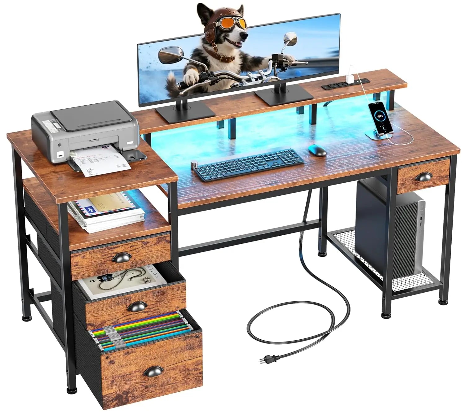 60" Computer Desk with File Cabinet and Storage Shelves, Reversible Home Office Desk with LED Lights, Full Monitor, Customized