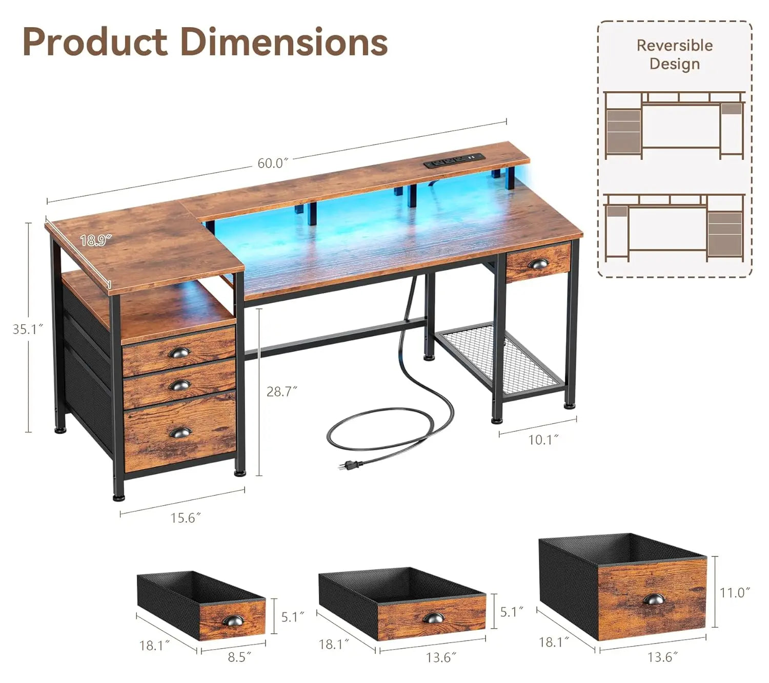 60" Computer Desk with File Cabinet and Storage Shelves, Reversible Home Office Desk with LED Lights, Full Monitor, Customized