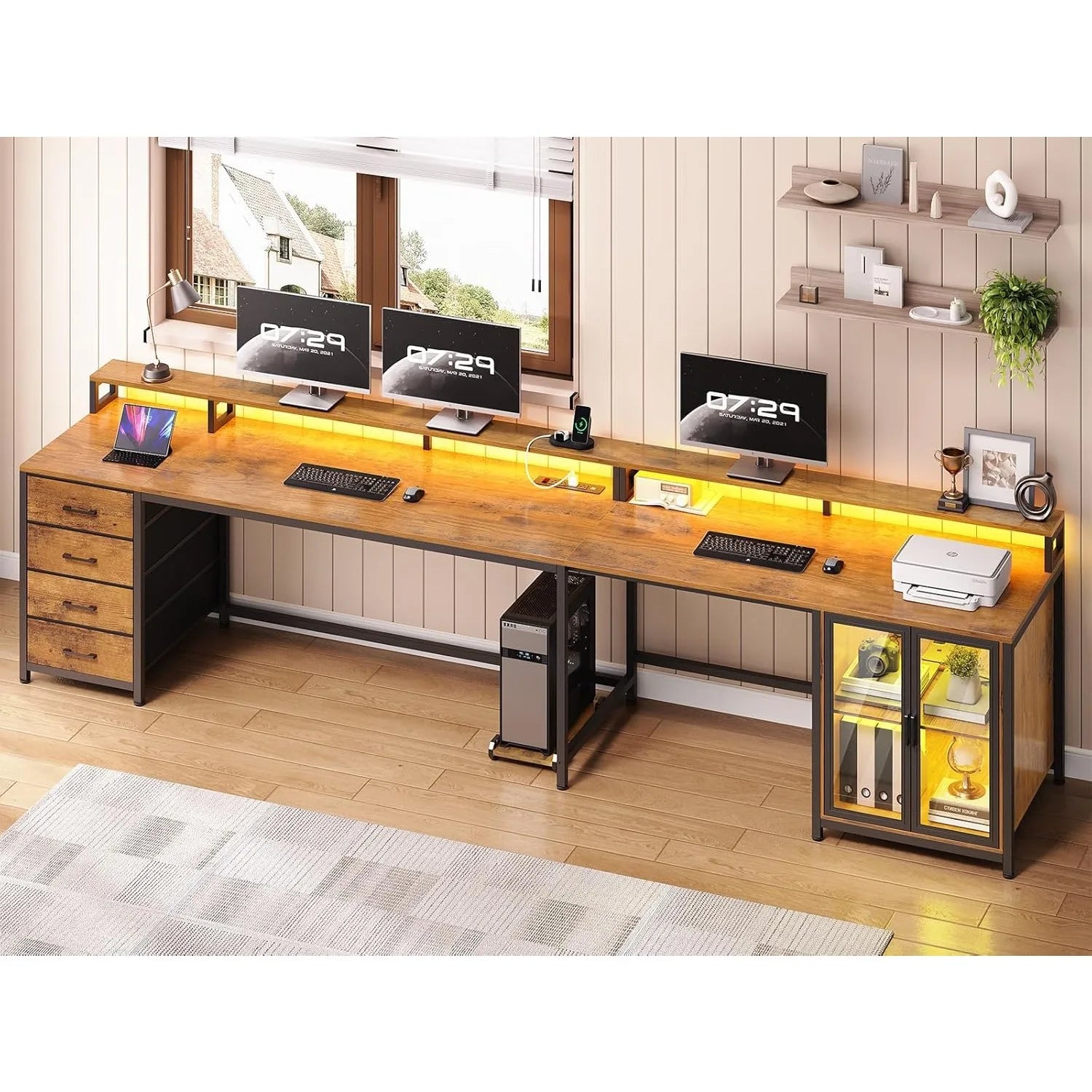 L Shaped Gaming Desk with 4 Drawers, Computer Desk with Display Cabinet, Home Office Desks with 2 Monitor Stands, Customized