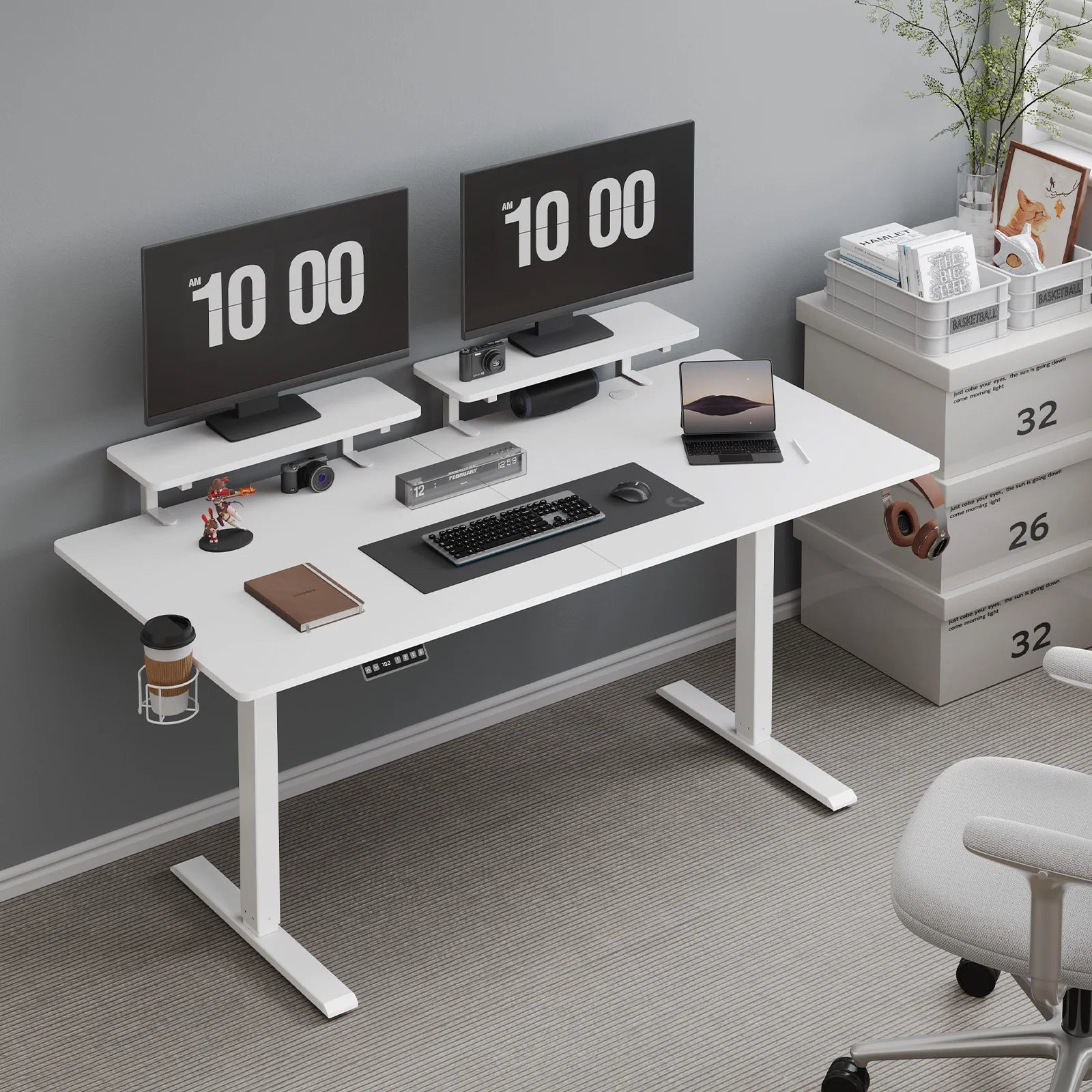 Standing Desk w/ 2 Adjustable Monitor Shelves,Electric Stand Up Desk with Memory Controller & Adjustable Height