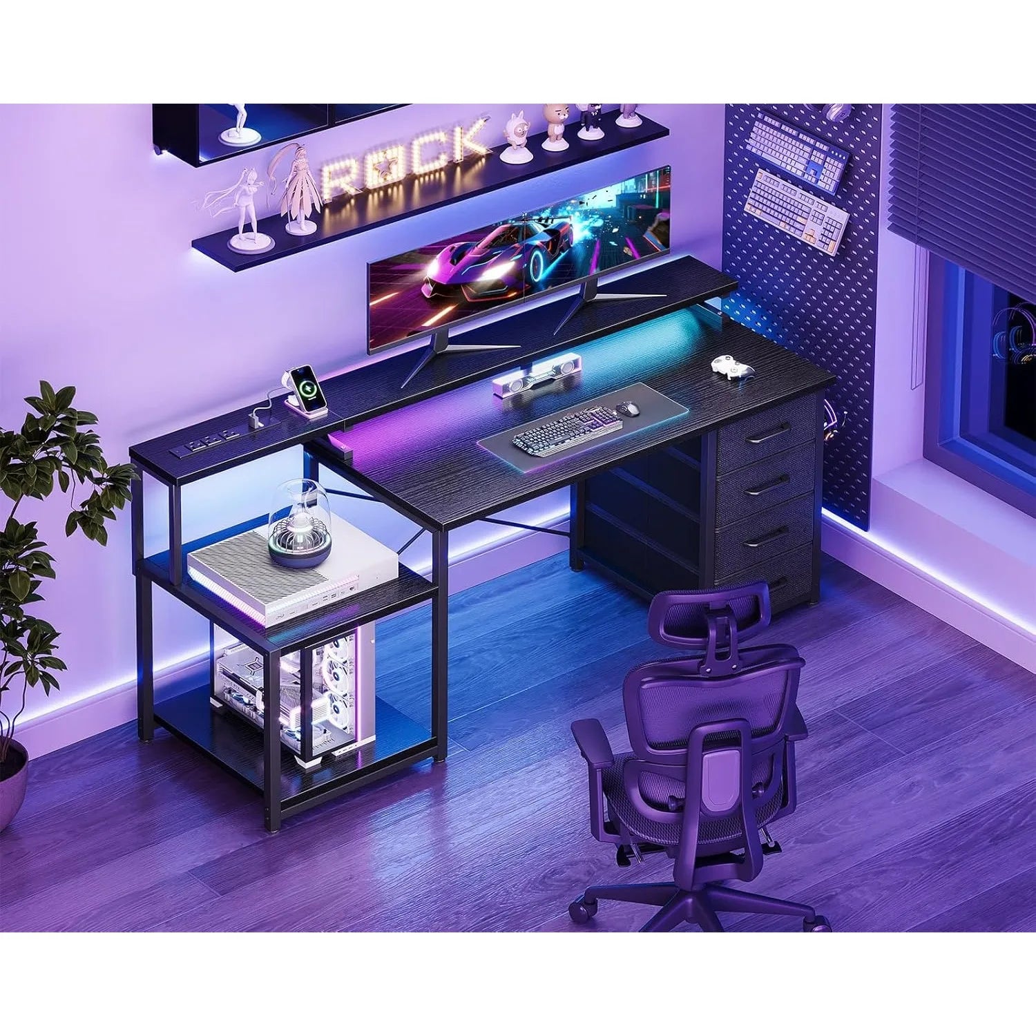 55 Inch Computer Gaming Desk with Power Outlets & 4 Drawers, Home Office Desk with Monitor Stand & Printer Shelves,  Customized