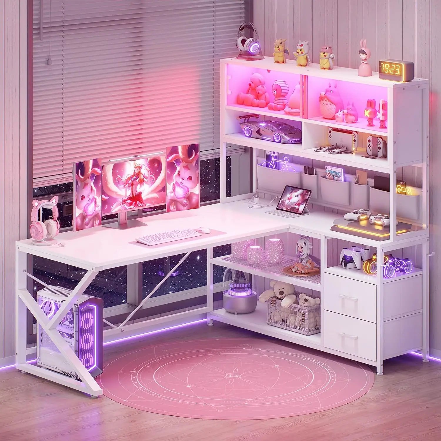 L Shaped Gaming Desk, Home Office Computer Desk with 2 Drawer and Bookshelf, L Shaped Gaming Desk with LED Light,, Customized