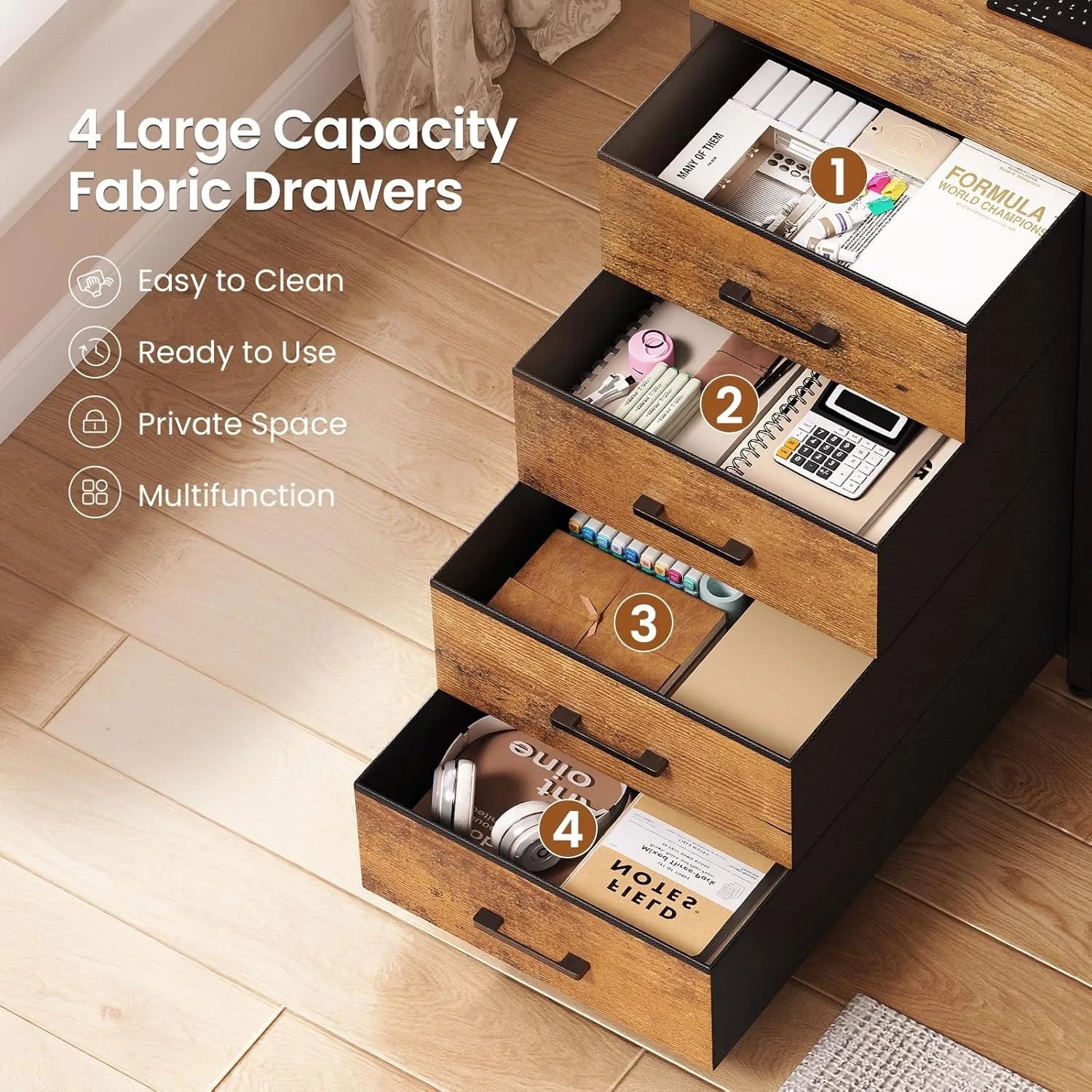 L Shaped Gaming Desk with 4 Drawers, Computer Desk with Display Cabinet, Home Office Desks with 2 Monitor Stands, Customized