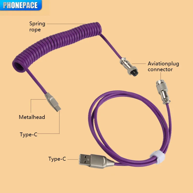 Mechanical Keyboard Coiled Cable USB Type C Mechanical Keyboard Aviator Desktop Computer Aviation Connector Cord Max 3M