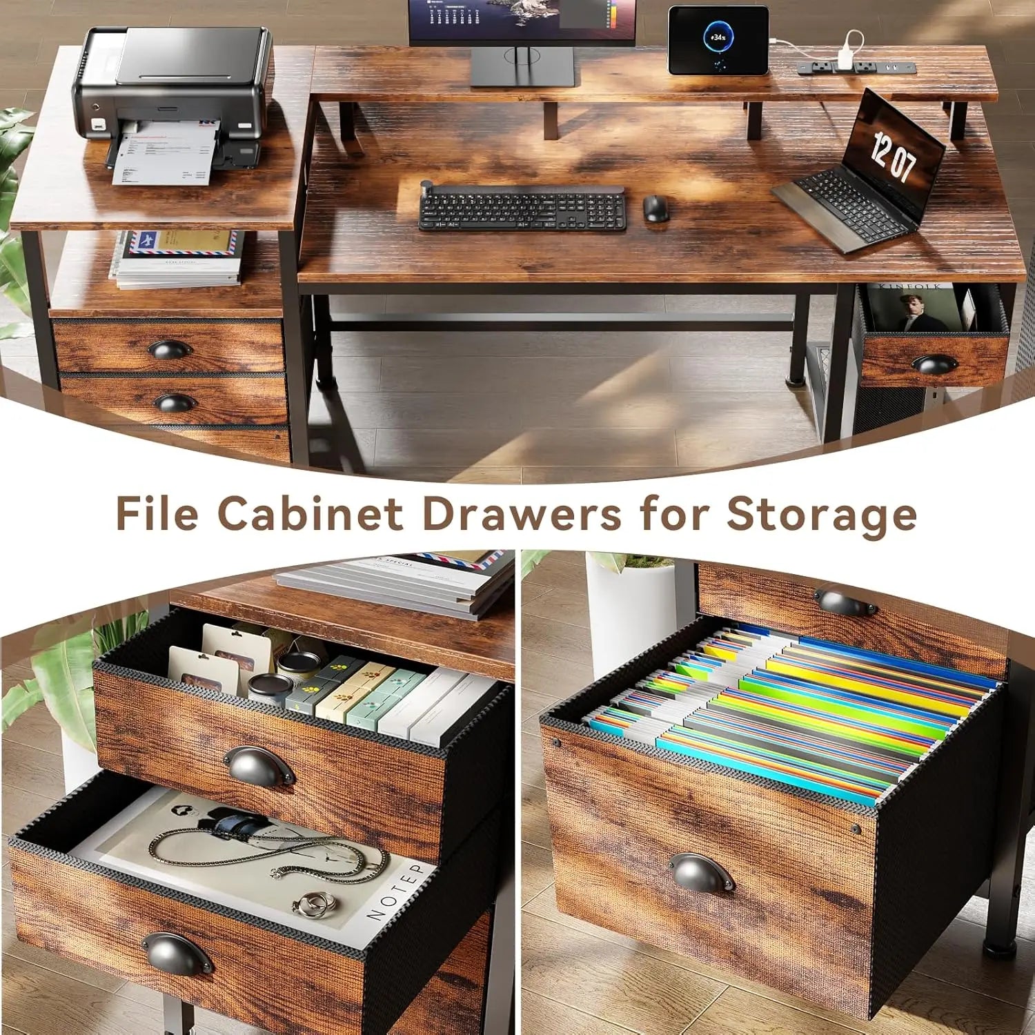 60" Computer Desk with File Cabinet and Storage Shelves, Reversible Home Office Desk with LED Lights, Full Monitor, Customized