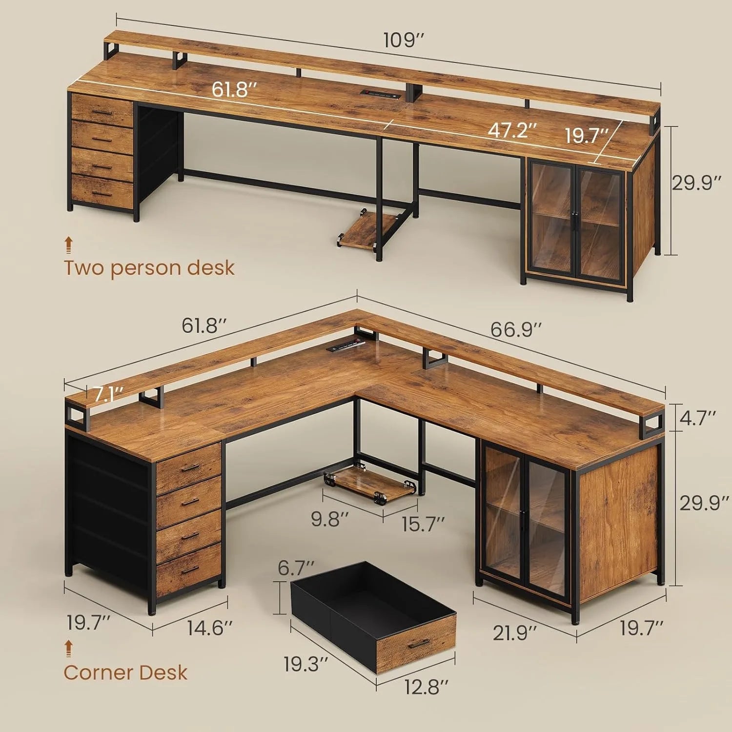L Shaped Gaming Desk with 4 Drawers, Computer Desk with Display Cabinet, Home Office Desks with 2 Monitor Stands, Customized