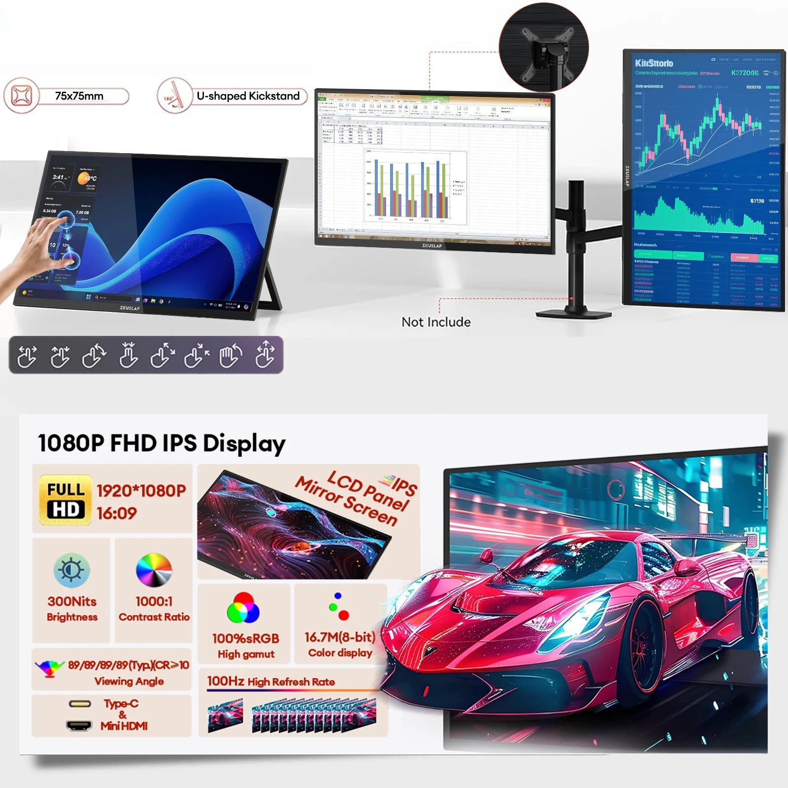 ZEUSLAP 18.5" Touch Screen Portable Monitor 100Hz 100% sRGB With Screen Holder Stand For Laptop Phone Xbox PS4 PS5 Switch