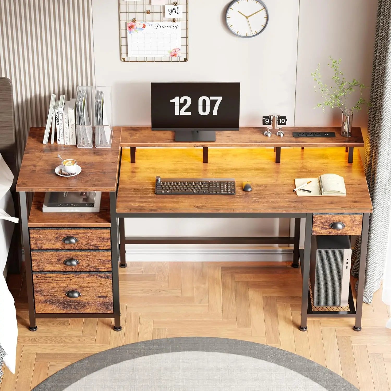 60" Computer Desk with File Cabinet and Storage Shelves, Reversible Home Office Desk with LED Lights, Full Monitor, Customized